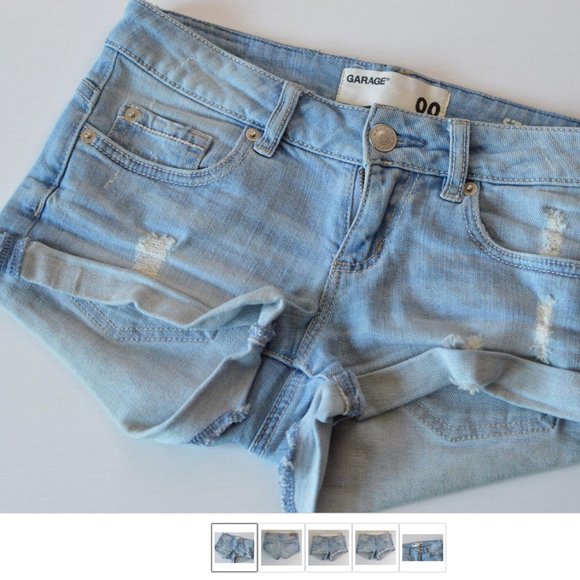 Folded Hem Ripped Distressed Jean Shorts Hotpants Women sz 00 Stretch Light Wash - Picture 3 of 4